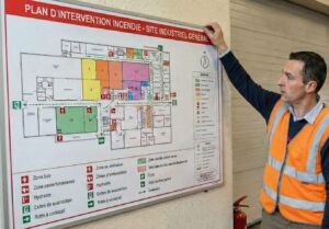 Un homme de profil, portant un gilet de sécurité orange fluo, ajuste ou pointe un grand panneau mural blanc affichant un 'PLAN D'INTERVENTION INCENDIE - SITE INDUSTRIEL GÉNÉRAL'. Le plan est détaillé avec des zones colorées, des symboles pour les hydrants, les chemins d'évacuation et les points de rassemblement. Un extincteur rouge est visible au pied du mur à droite. L'image souligne l'importance visuelle de la signalisation de sécurité et de la conformité aux normes ERP.